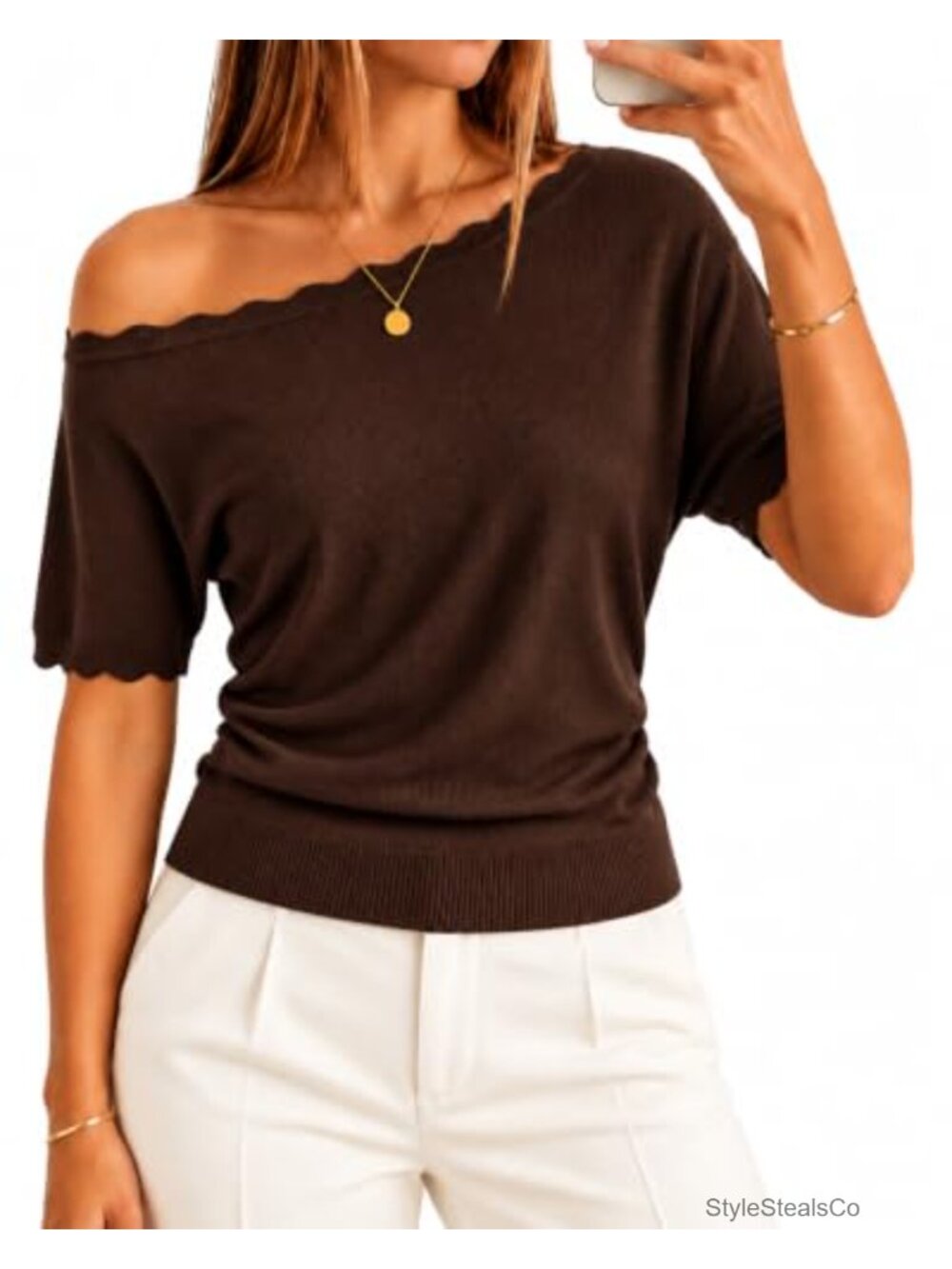 Off Shoulder Short Sleeve Knit Sweater Top Scalloped Trim Ruched